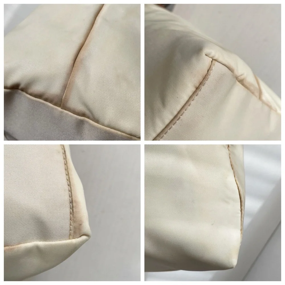 Prada white nylon camel brown leather embossed logo shoulder hobo bag